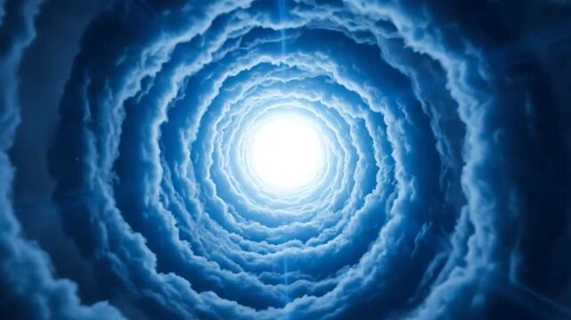A bright light shines through a swirling tunnel of blue clouds