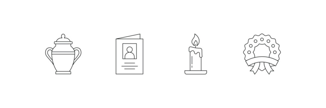Funeral cremation urn condolence card burning candle memorial wreath outline icon set vector illustration pack.
