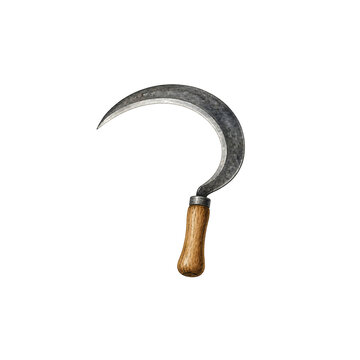 Watercolor hand sickle illustration, Curved hand sickle clipart on white background, hand-painted vintage harvest tool element for print and rustic branding