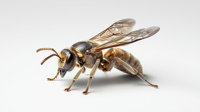 Close up image of bee showcasing its detailed features, including wings, antennae, and body structure, highlighting its natural beauty
