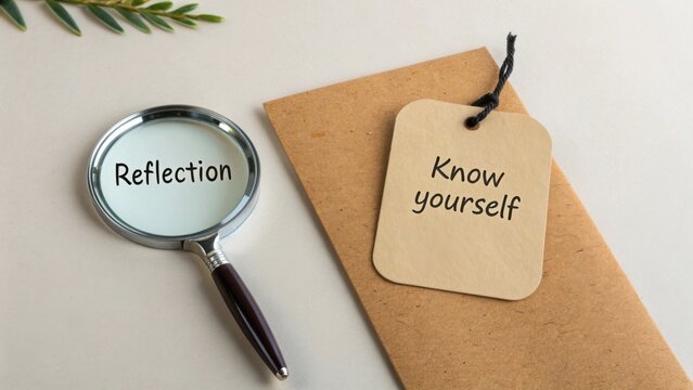 Reflection and Self-Discovery Concept with Magnifying Glass and Tag on Simple Background for Personal Growth and Insight