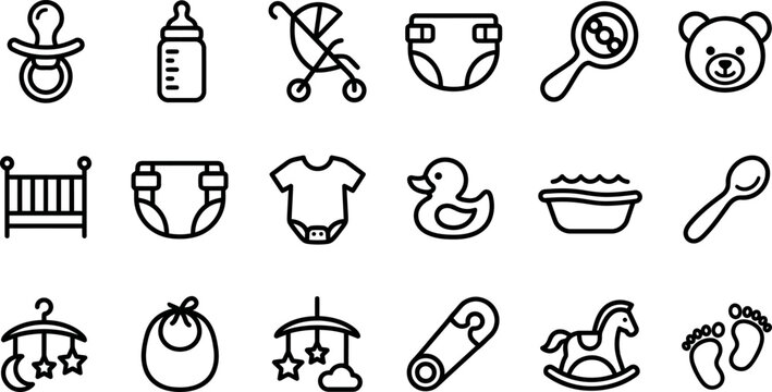 Baby Care Outline Icons Vector Set with Infant Nursery Toy and Parenting Symbols