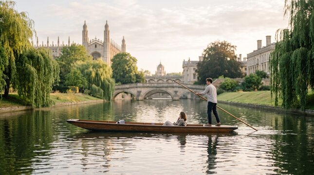 A person punting a small boat with a passenger down the River Cam in Cambridge, England, with King's College Chapel in the background at sunset.