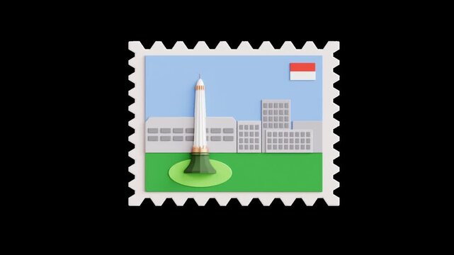 Presenting Indonesian postage stamp with Monas monument and Jakarta skyline travel souvenir