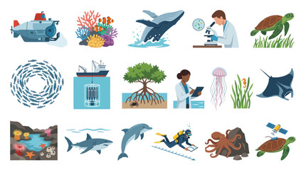Obraz premium Marine Science and Ocean Life Flat Vector Elements Set. Oceanography, Underwater Exploration, Sea Creatures.