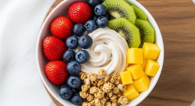 Healthy Frozen Yogurt Bowl With Fresh Fruits and Granola on Minimal Background Food Photography