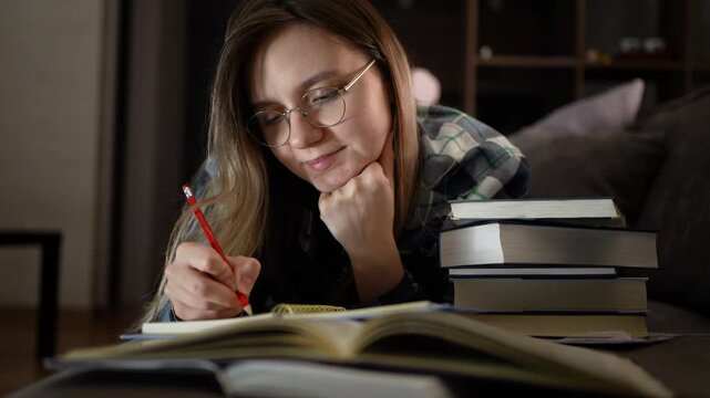 Peaceful young woman writing in a notebook while lying on a sofa with a stack of books. Home studying, creative writing, and cozy student lifestyle.