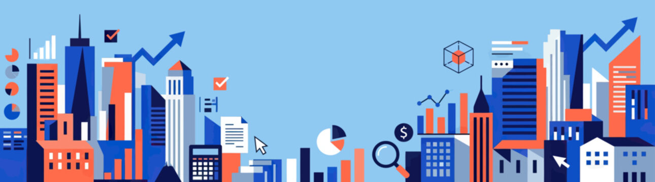 Business cityscape with charts, graphs, and uptrend arrows, representing finance and growth.