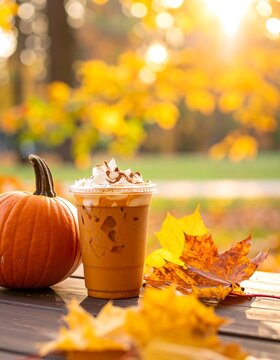 A fall-themed still life with a drink, pumpkin, and leaves on a table