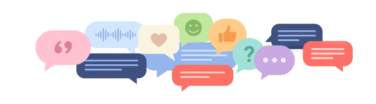 Speech bubbles with icons: chat, voice, like, emoji, question, isolated on white