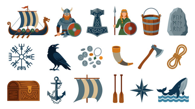 Viking and Norse Mythology Flat Icons Set: Ancient Culture, Seafaring Symbols Vector Illustration