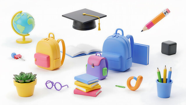 3d rendered school supplies collection featuring colorful backpacks books globe graduation cap and stationery on a clean white background