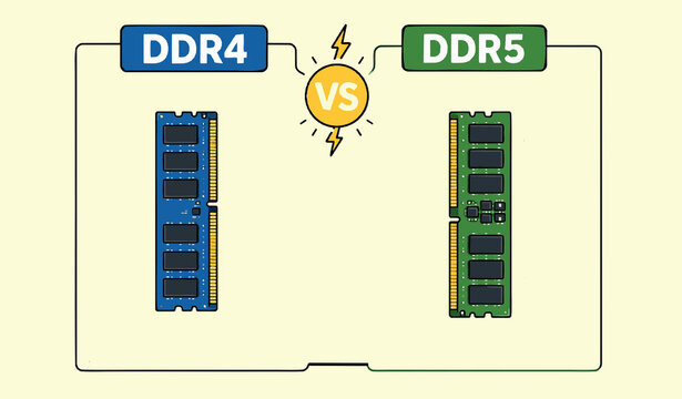 DDR4 vs DDR5 RAM Comparison Flat Vector Illustration, Computer Memory Technology Upgrade Concept, Desktop PC Performance, Next Generation RAM Infographic Design