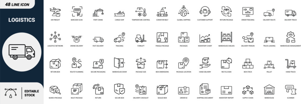 Logistics line art icons set delivery truck, cargo ship, forklift, warehouse, packages, drone delivery, route planning, supply chain, pallet, scanner Web icon, App icon, Outline icon, Editable stroke,