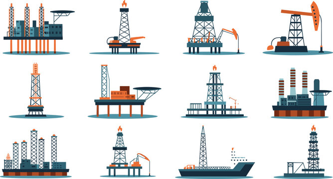 Offshore Oil Rig and Onshore Petroleum Extraction Icon Set Featuring Drilling Platforms Gas Flares Drillships and Pumpjack Machinery