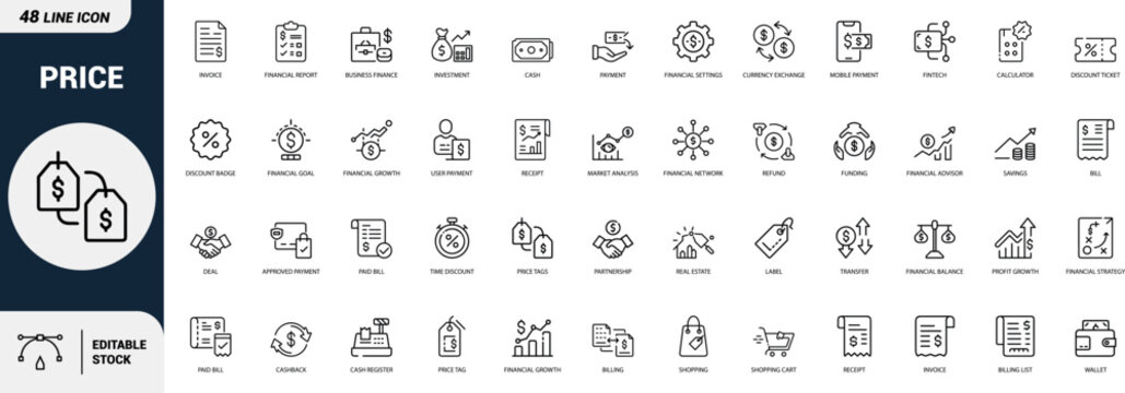 Price line art icons set price tag, invoice, financial report, cash, payment, mobile payment, fintech, calculator, discount ticket Web icon, App icon, Outline icon, Editable stroke, line art, Vector 