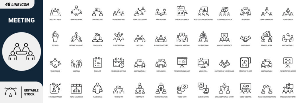 Meeting line art icons set meeting table, team network, board meeting, partnership, video conference, presentation chart, hierarchy chart Web icon, App icon, Outline icon, Editable stroke, line art