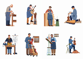 Collection of flat vector illustrations depicting luthiers and artisans meticulously crafting, repairing, and inspecting violins and guitars in various workshop settings. © Arto