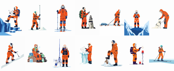 Vector illustration set of polar explorers and researchers in orange suits performing various tasks in Arctic and Antarctic environments. © Arto