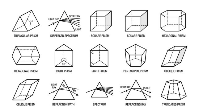 Collection of Geometric Prisms and Light Refraction Diagrams