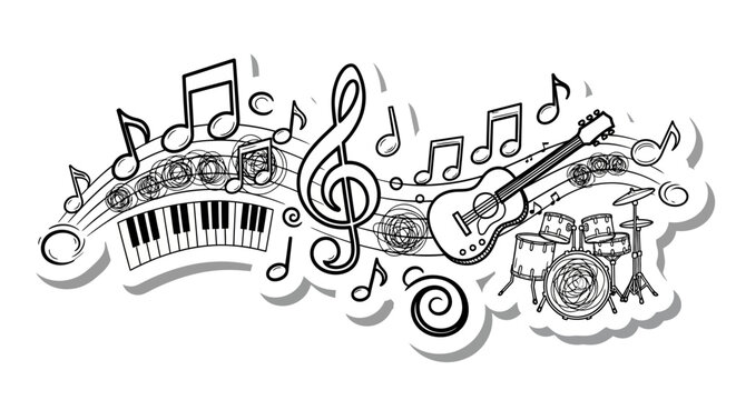Black and white doodle of musical instruments and notes on a staff.