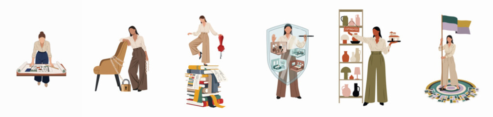 Fototapeta premium Collection of illustrations depicting women designers and architects managing intellectual property, creative processes, copyright protection, and design ownership in a professional setting.