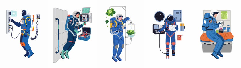 Set of illustrations showing astronauts performing various tasks such as maintenance, plant cultivation, and data analysis aboard a space station. © dewi