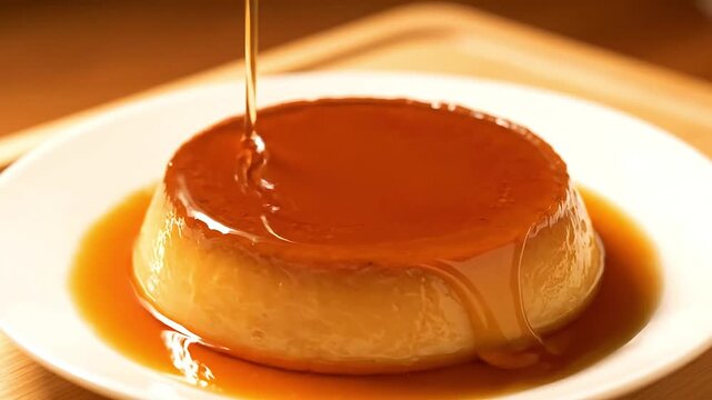 A smooth flan topped with glossy caramel syrup on a white plate.