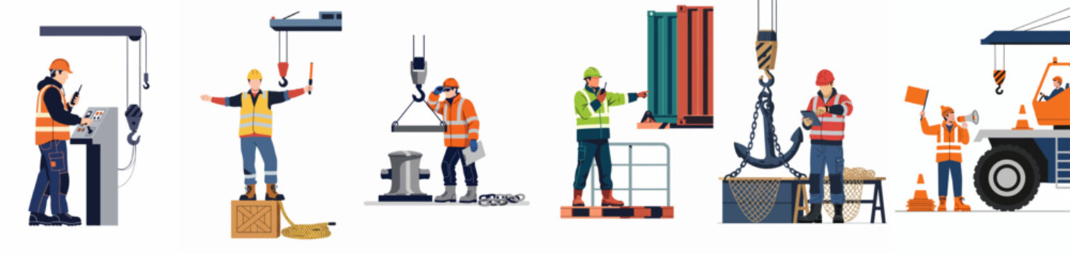 A horizontal banner featuring various port and industrial workers in high-visibility gear operating machinery, managing cargo, and signaling in a shipyard environment.