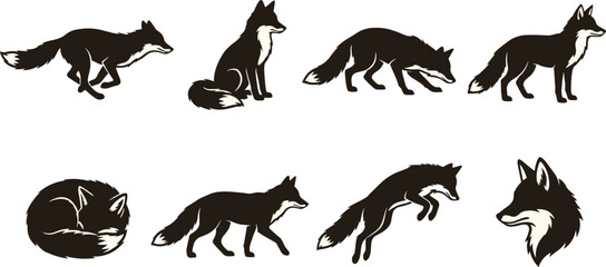Obraz premium Set of black and white vector fox silhouettes in various poses isolated on white background
