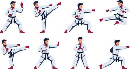 Martial arts athlete vector character pose set performing karate taekwondo high kicks jumping side kicks and punch action illustrations © MST