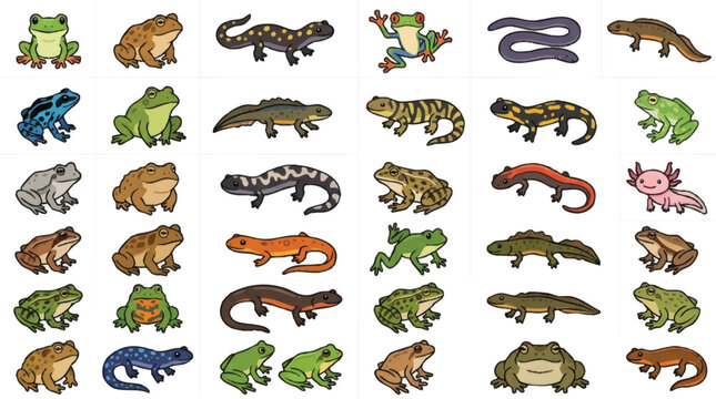 Colorful Cartoon Reptiles and Amphibians Collection.