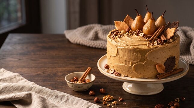 Autumn decorated cake, textured caramel frosting, pears and sugar leaves with cozy left-side copy space