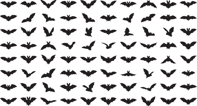 Black bat silhouettes collection, flying bat icons set of 88 vector elements, spooky halloween animal shapes for graphic design and decor