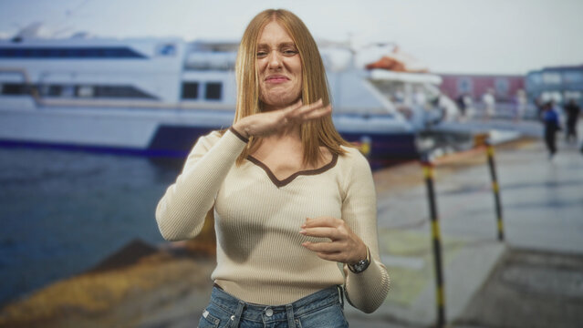 Woman with hand covering mouth and loose red hair gestures on a pier beside a ferry boat, wearing a cream sweater and jeans with a wristwatch visible; awkward amusement.
