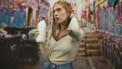 Naklejka premium Young redhead woman holding a milk bottle, hand cupped to ear while listening in a graffiti lined street; curiosity listening.