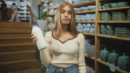 Fototapeta premium Woman holding a milk bottle in her hand, pouting lips in a retail building aisle; disappointment doubt.