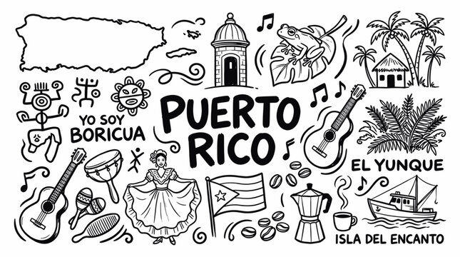 Puerto Rico Island Travel Poster in Black and White Hand Drawn Doodle Style