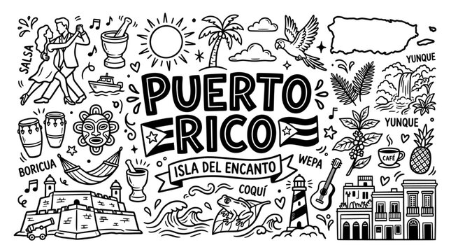 Puerto Rico Island Travel Poster in Black and White Hand Drawn Doodle Style