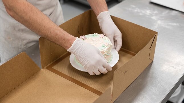 Cake packed into plain delivery box, gloved bakery hands preparing safe transport with fitted board and non-slip base