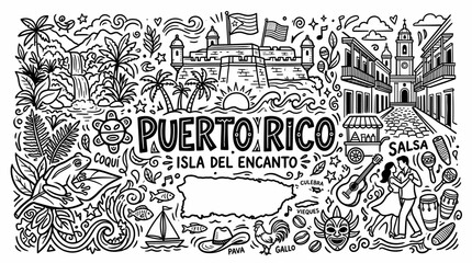 Obraz premium Puerto Rico Island Travel Poster in Black and White Hand Drawn Doodle Style