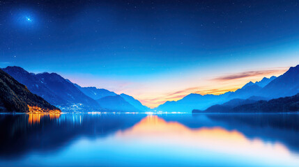 Fototapeta premium Serene landscape featuring tranquil lake reflecting twilight sky, surrounded by majestic mountains and twinkling stars