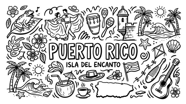 Puerto Rico Island Travel Poster in Black and White Hand Drawn Doodle Style