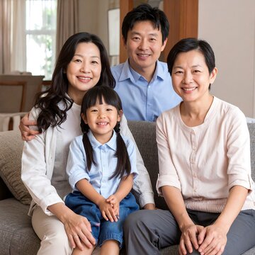 A family of four sits on a couch smiling at the camera