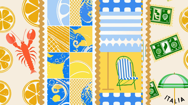 Italian summer postcard stamps featuring lemons lobster beach chair and seaside motifs vector illustration beachcombing