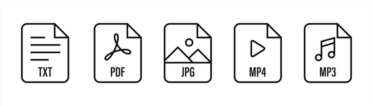 File Format Icon Set Featuring TXT, PDF, JPG, MP4, and MP3 Document Types for Text, Image, Video, Audio, Digital Storage, File Management, and Multimedia Vector Collection