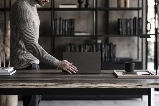 Man working at laptop at wooden desk in modern home office with shelves, faceless candid moment, focused workflow, deep work, startup culture, work from home.