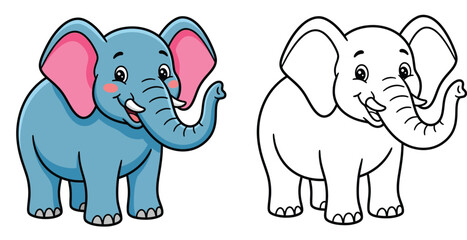 Naklejka premium Cute happy cartoon elephant illustration vector side by side with black and white outline version for kids coloring book page
