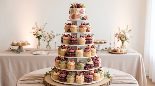 Cupcake tower with miniature cake topper, coordinated celebration dessert centerpiece in centered event composition