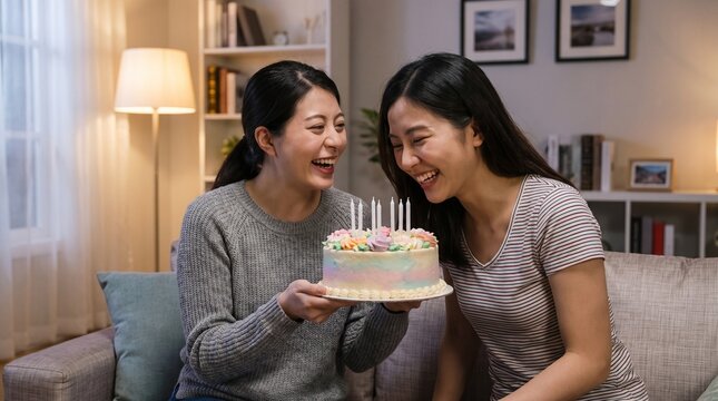 Friends celebrating at home with decorated cake, joyful candid lifestyle scene for a small personal milestone